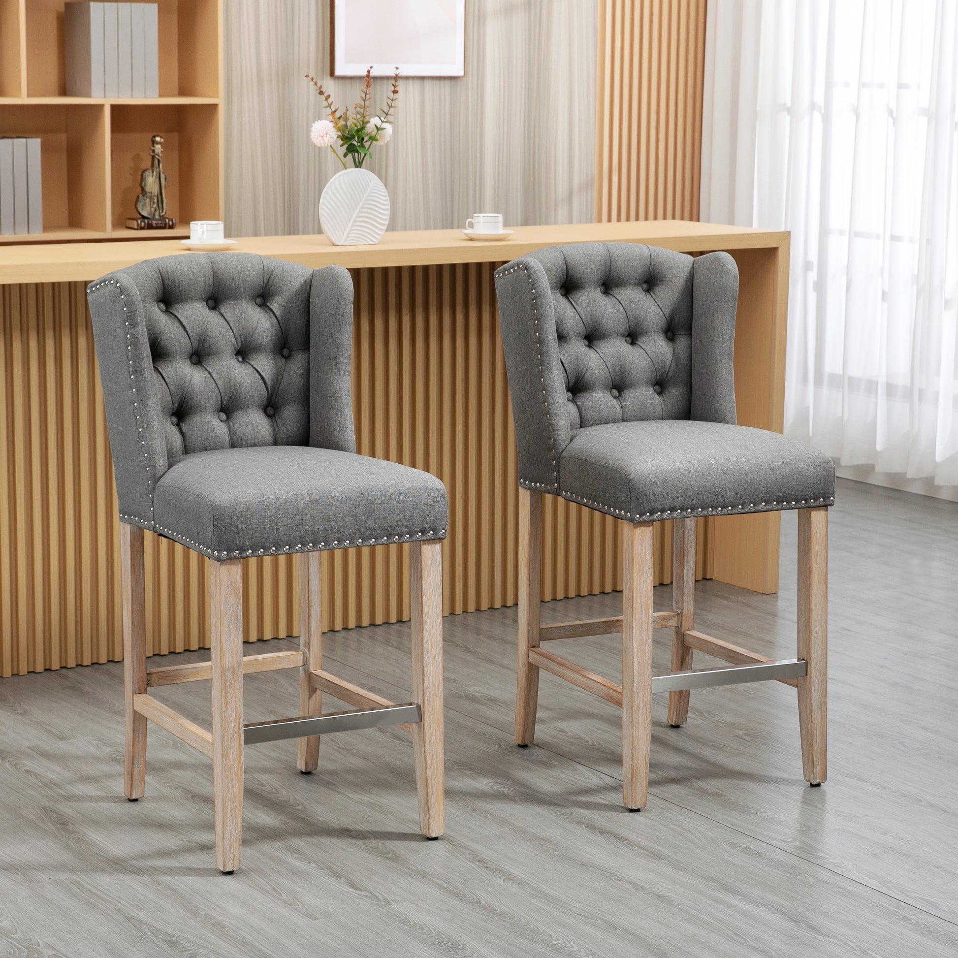 HOMCOM 2-Piece Grey Upholstered Counter Height Bar Stools, Nailhead Backrest