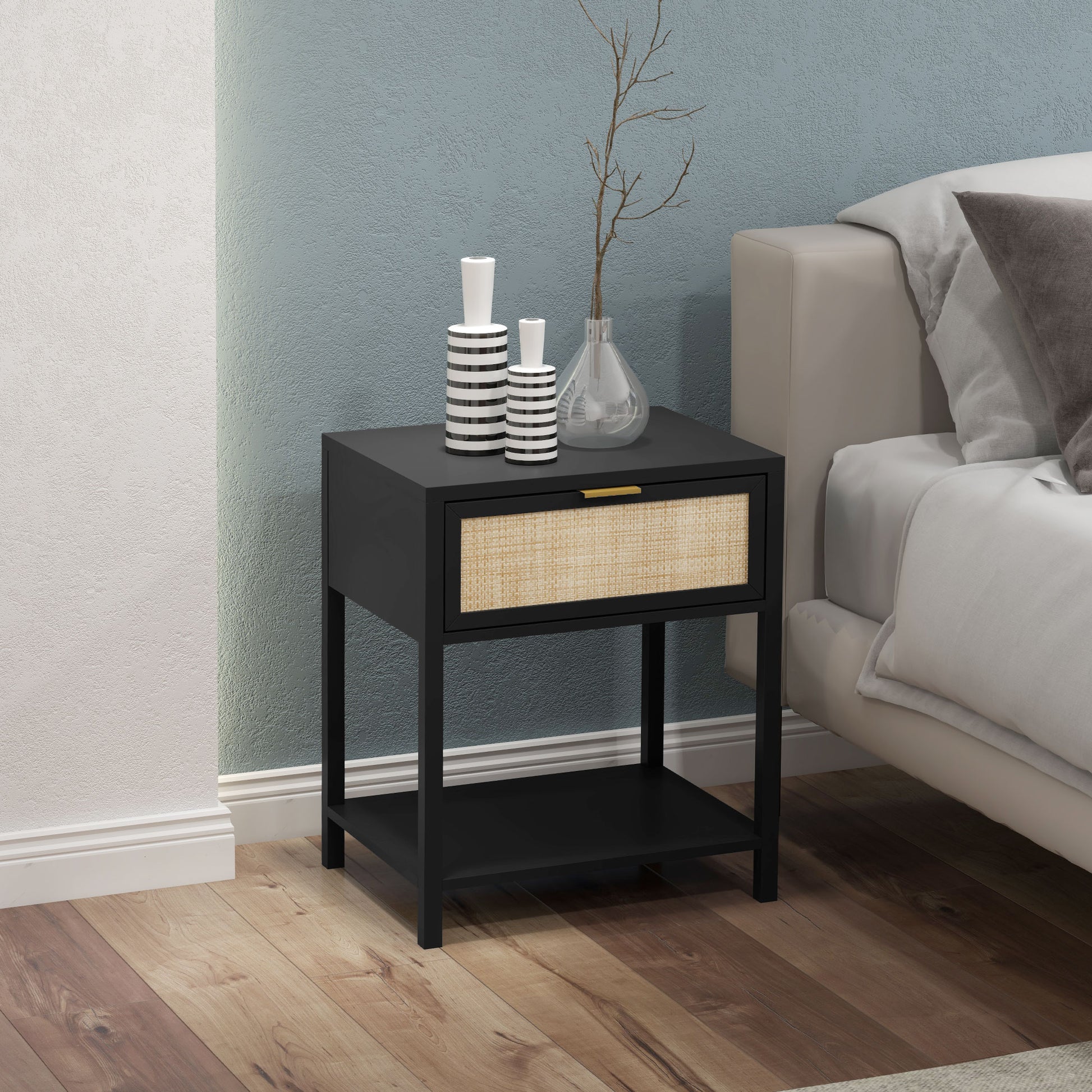 HOMCOM Modern Boho Black Nightstand with Rattan Drawer & Open Shelf