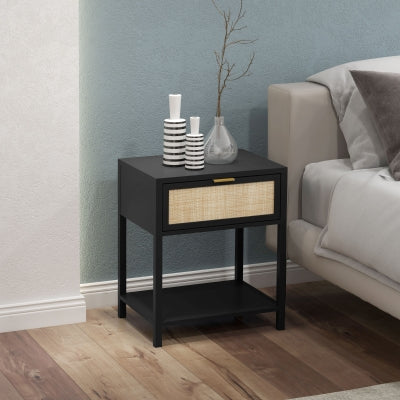 Modern Bedside Table with Drawer and Shelf, White Oak Nightstand