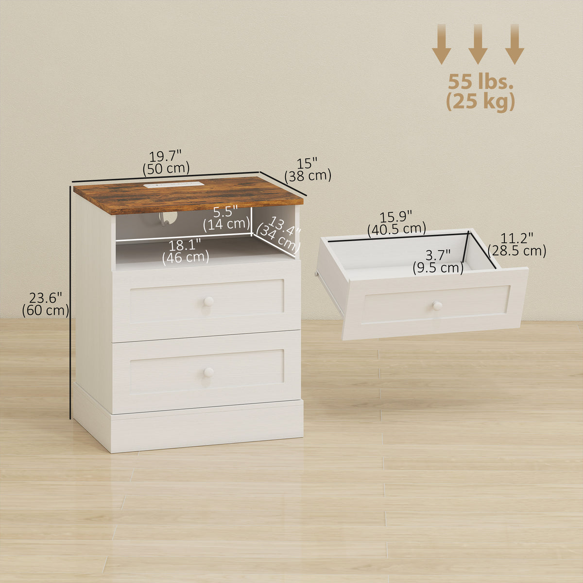 Nightstands with Charging Station and 2 Drawers, Set of 2 – 20"W x 24"H