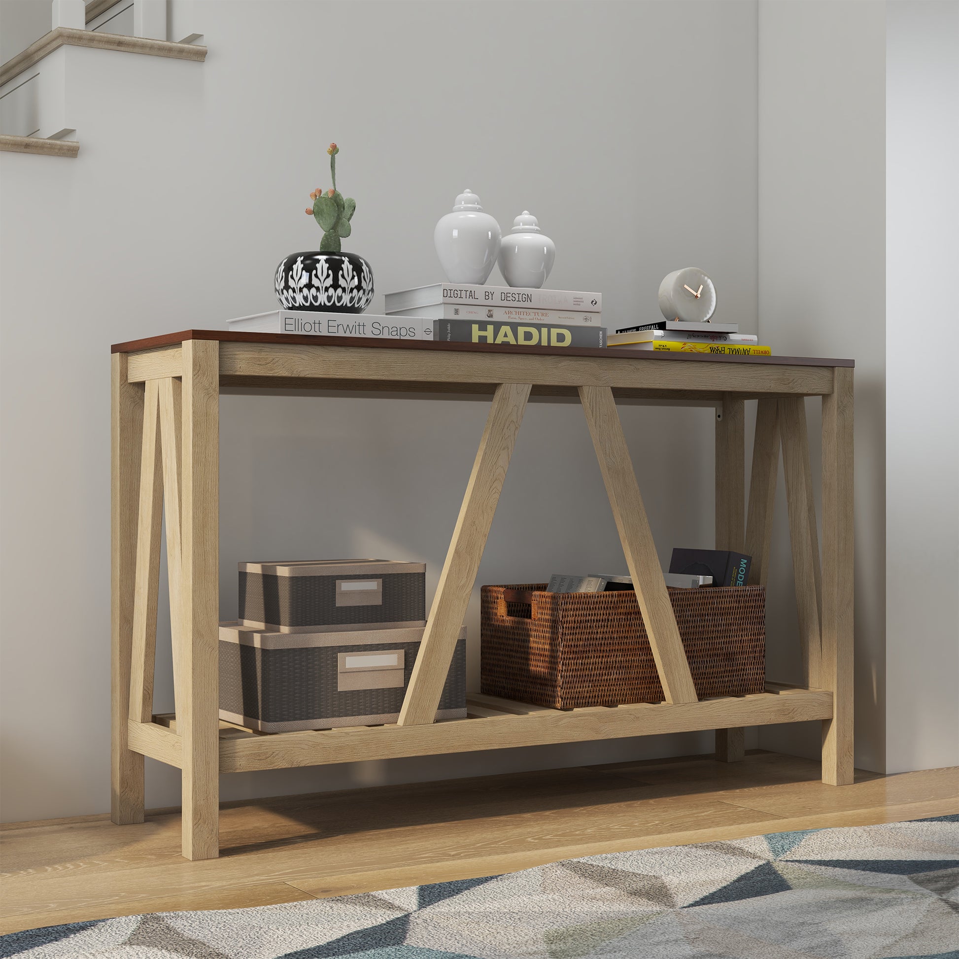 HOMCOM Farmhouse Console Table: Rustic Storage Shelf, Sofa Entryway Accent, Oak Finish