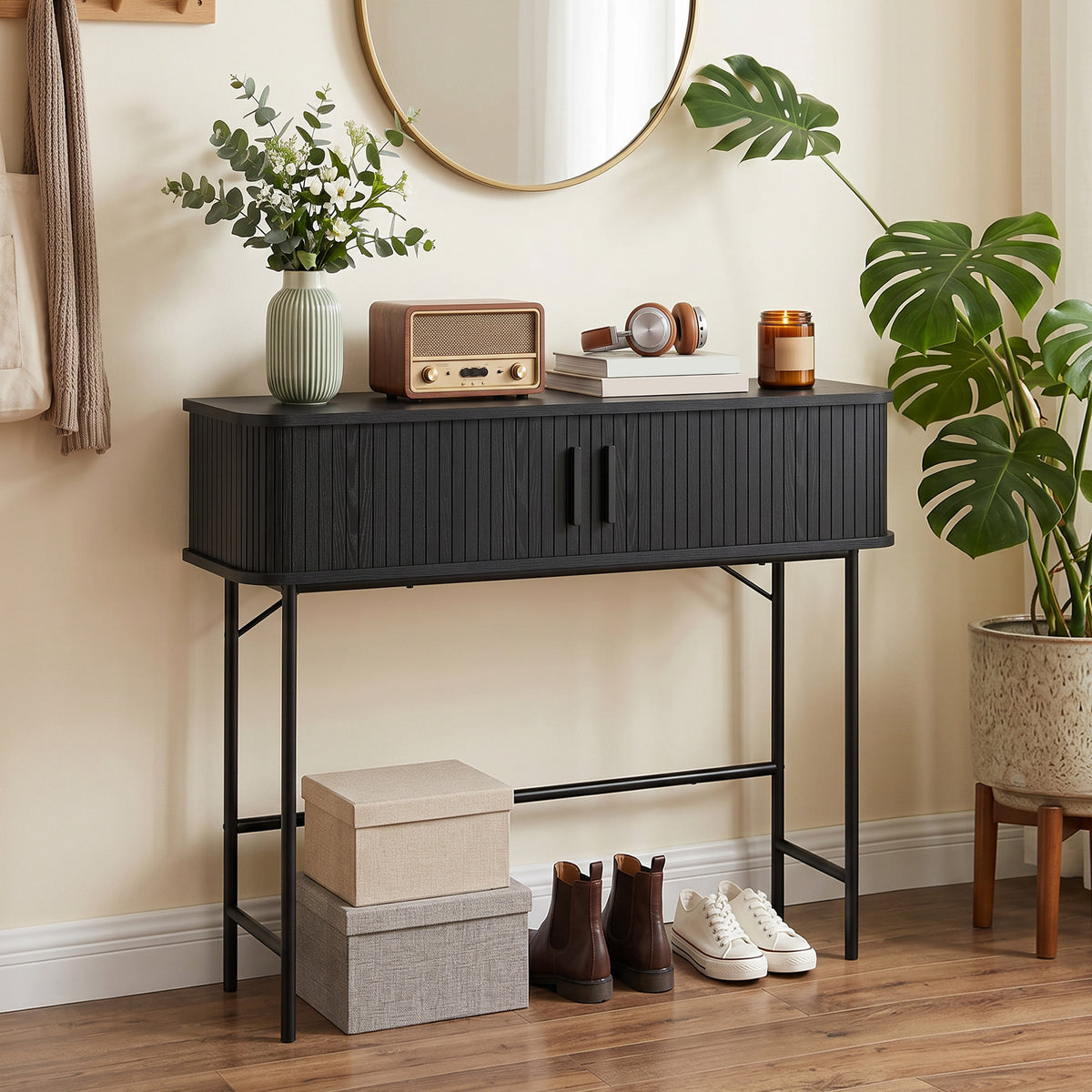 Mid-Century Entryway Console Table with Storage Compartments, Black