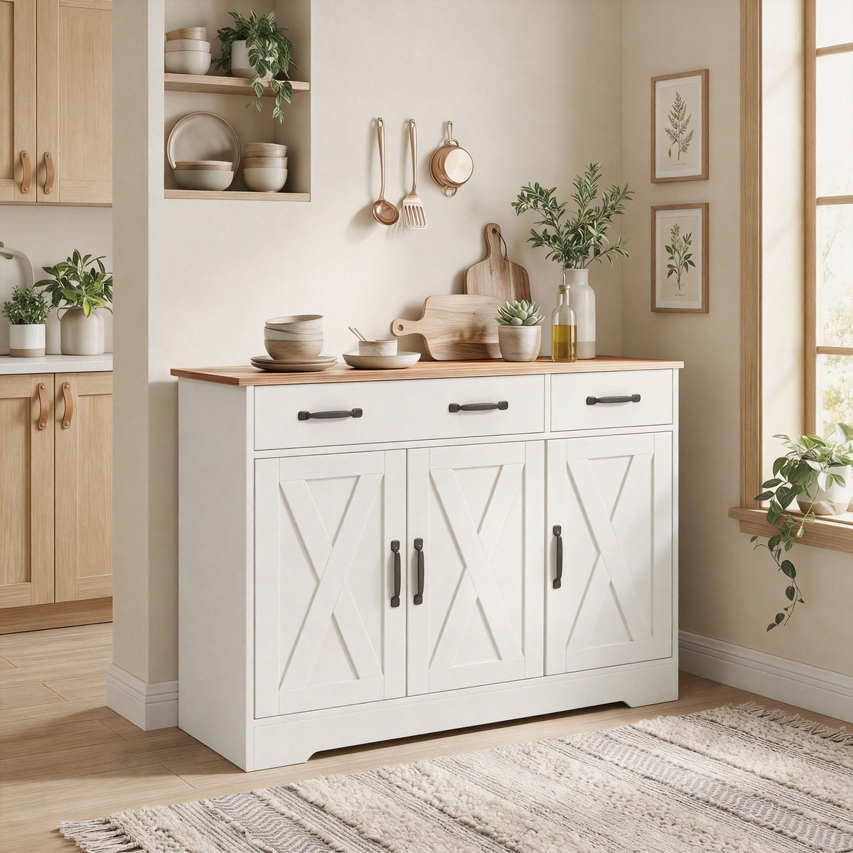 Farmhouse Kitchen Cabinet with 3 Barn Doors – 43"W x 32"H