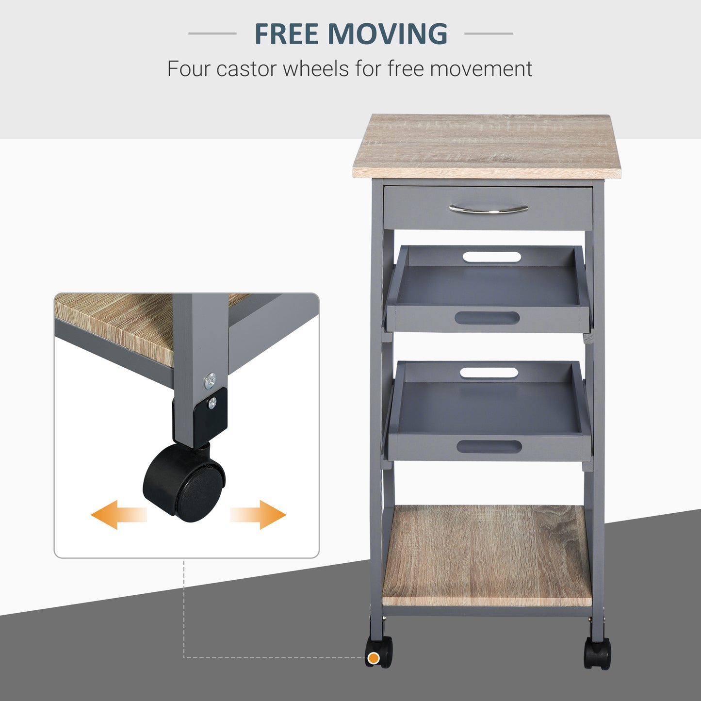 HOMCOM Kitchen Island Rolling Trolley Grey Utility Cart