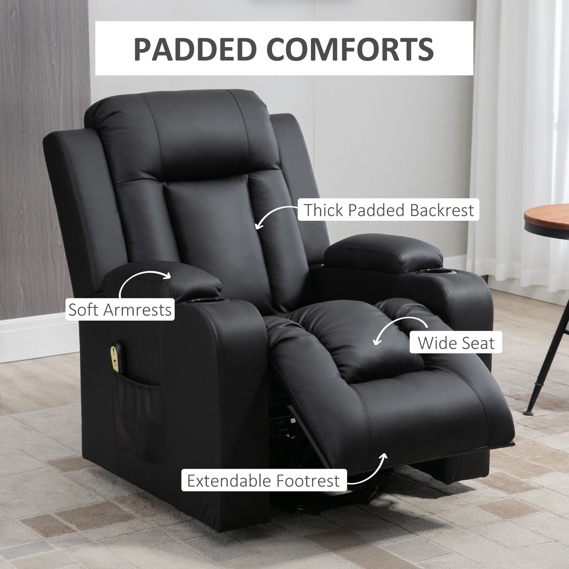 HOMCOM Electric Power Lift Recliner Chair, Black PU Leather, Footrest, Cup Holders