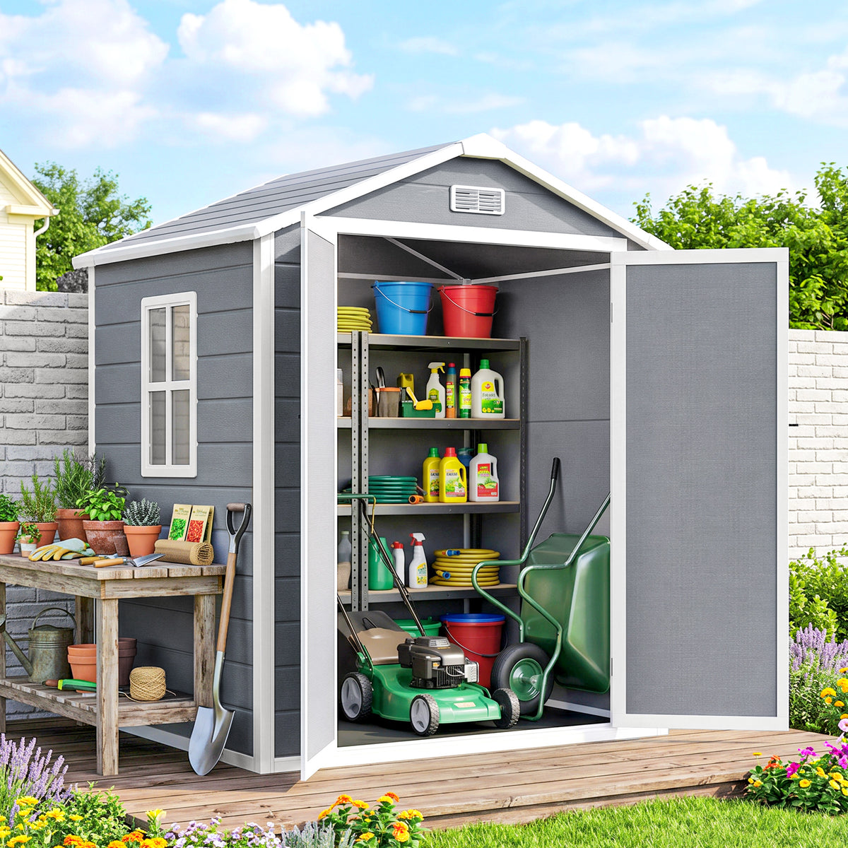6x4.5FT Plastic Shed, Lockable Garden Tool Storage House with Double Doors and Vent