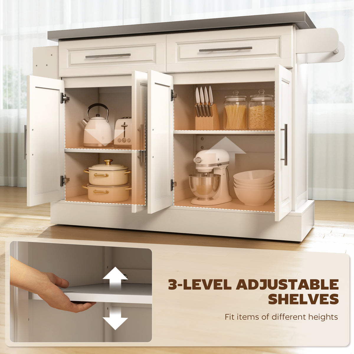 Rolling Kitchen Island with Stainless Steel Top – 57"W x 37"H
