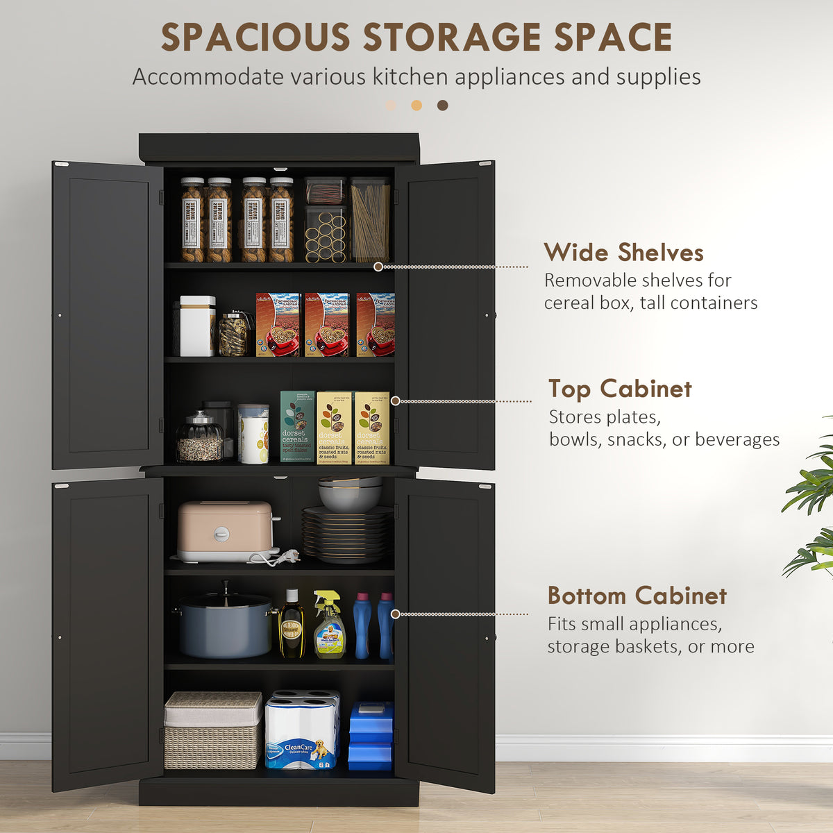 Freestanding Kitchen Pantry Cabinet with 4 Doors – 30"W x 73"H, Black