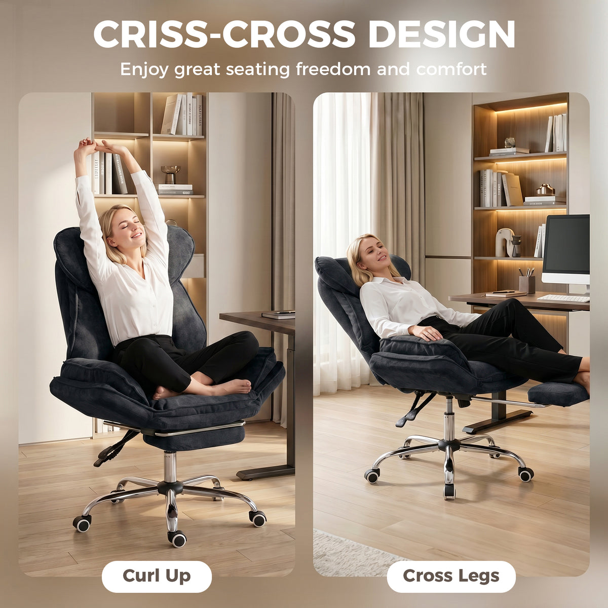 Big and Tall Office Chair with Footrest, High Back Snowflake Velvet Reclining Executive Desk Chair, Black