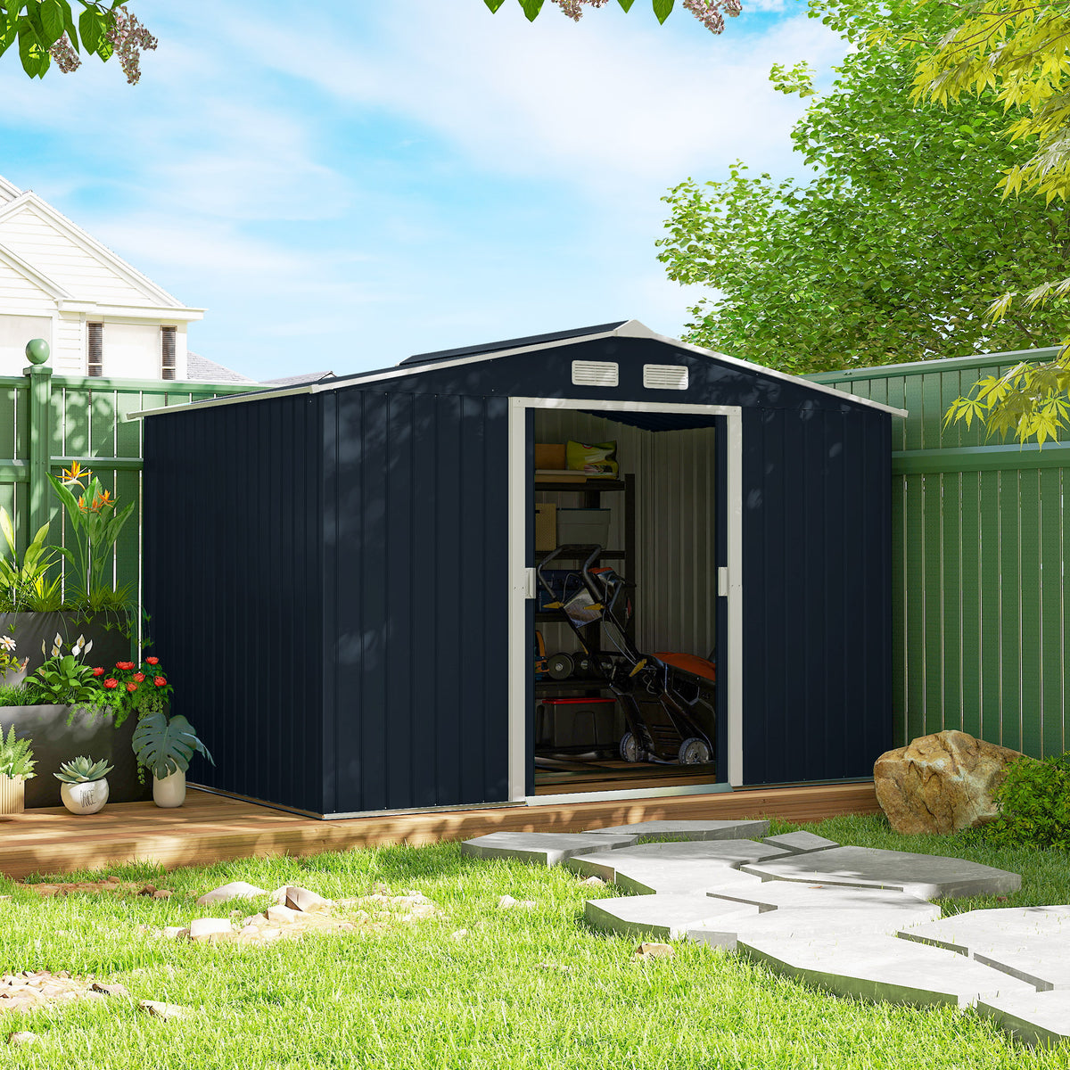 9.1'x6.4'x6.3' Garden Storage Shed, Outdoor Storage Tool House with Vents, Foundation and Lockable Double Doors – Dark Grey