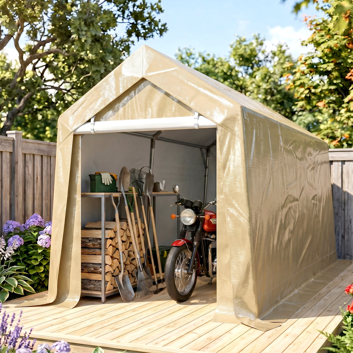 7' x 12' Outdoor Storage Shed Portable Garage with Roll-up Door for Motorcycle, Bike, Garden Tools