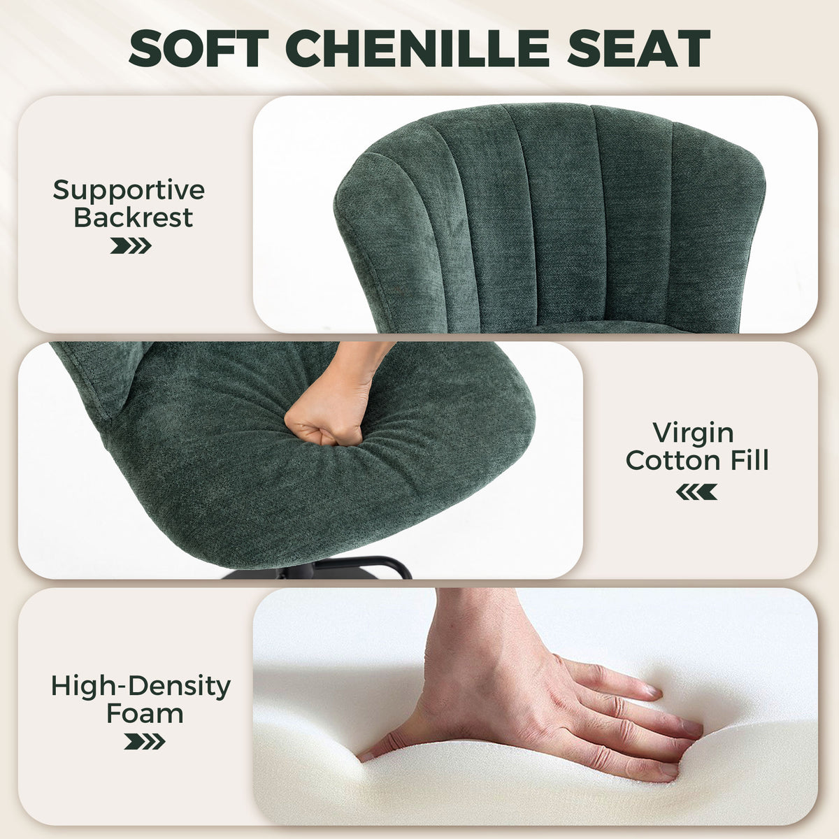 Chenille Adjustable Swivel Bar Stools with Back and Footrest, Set of 2, Dark Green