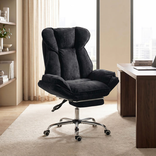 Big and Tall Office Chair with Footrest, High Back Snowflake Velvet Reclining Executive Desk Chair, Black