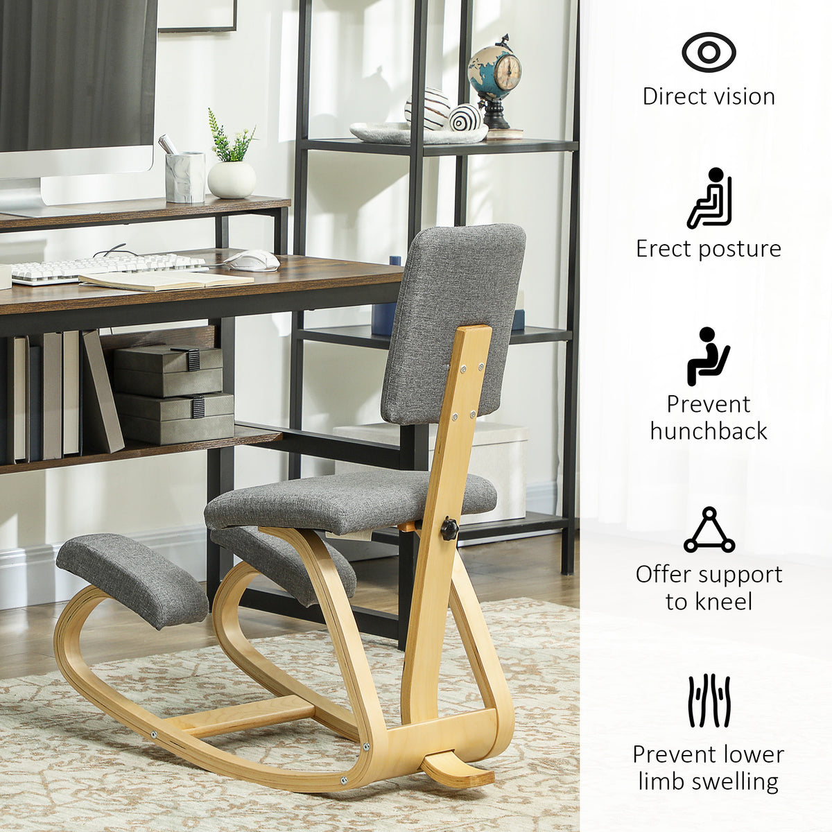 Ergonomic Kneeling Chair, Rocking Wood Kneel Stool with Backrest for Improved Posture, Grey