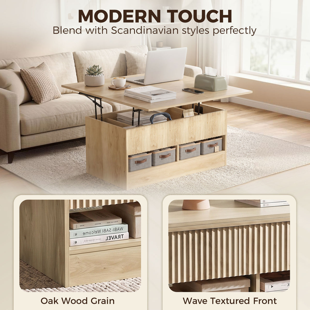 Lift-Top Coffee Table with Dual-Zone Expandable Top and Hidden Storage, Oak
