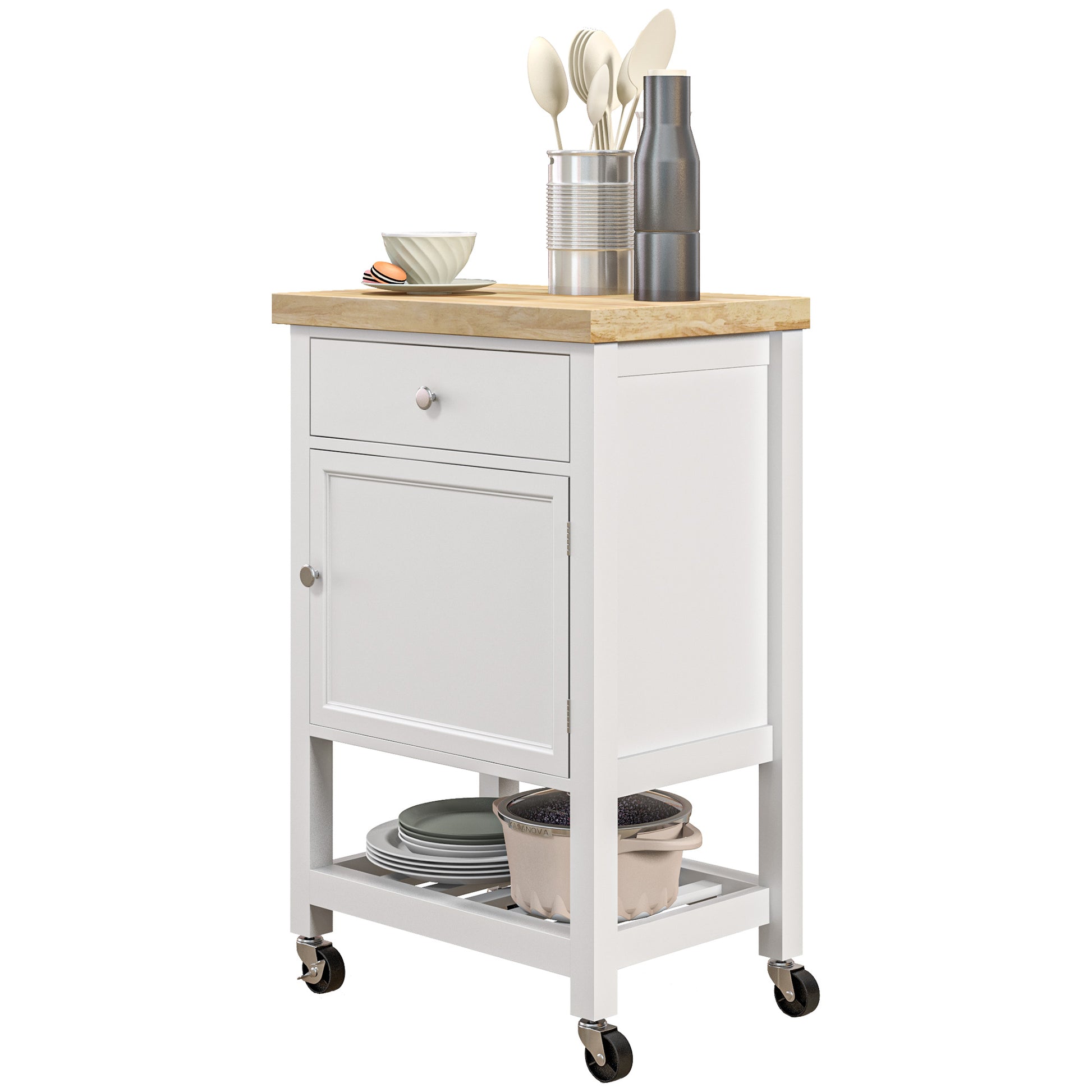 HOMCOM Rolling Kitchen Island Cart With Wood Top, White