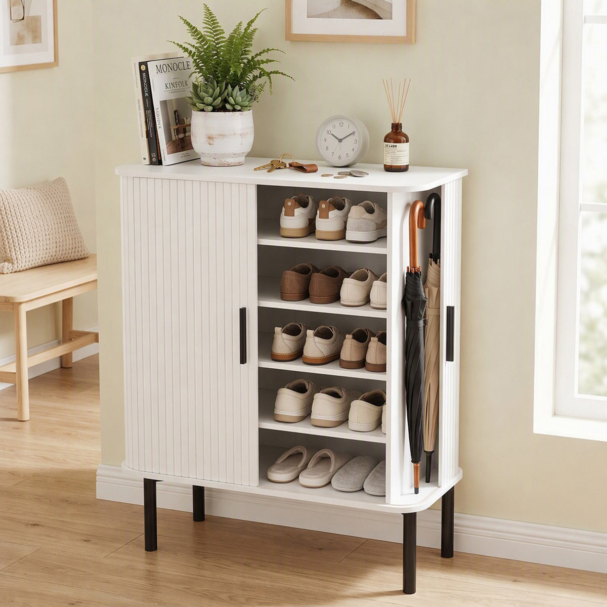 Shoe Cabinet with Tambour Door and Side Cubbies – 31"W x 37"H