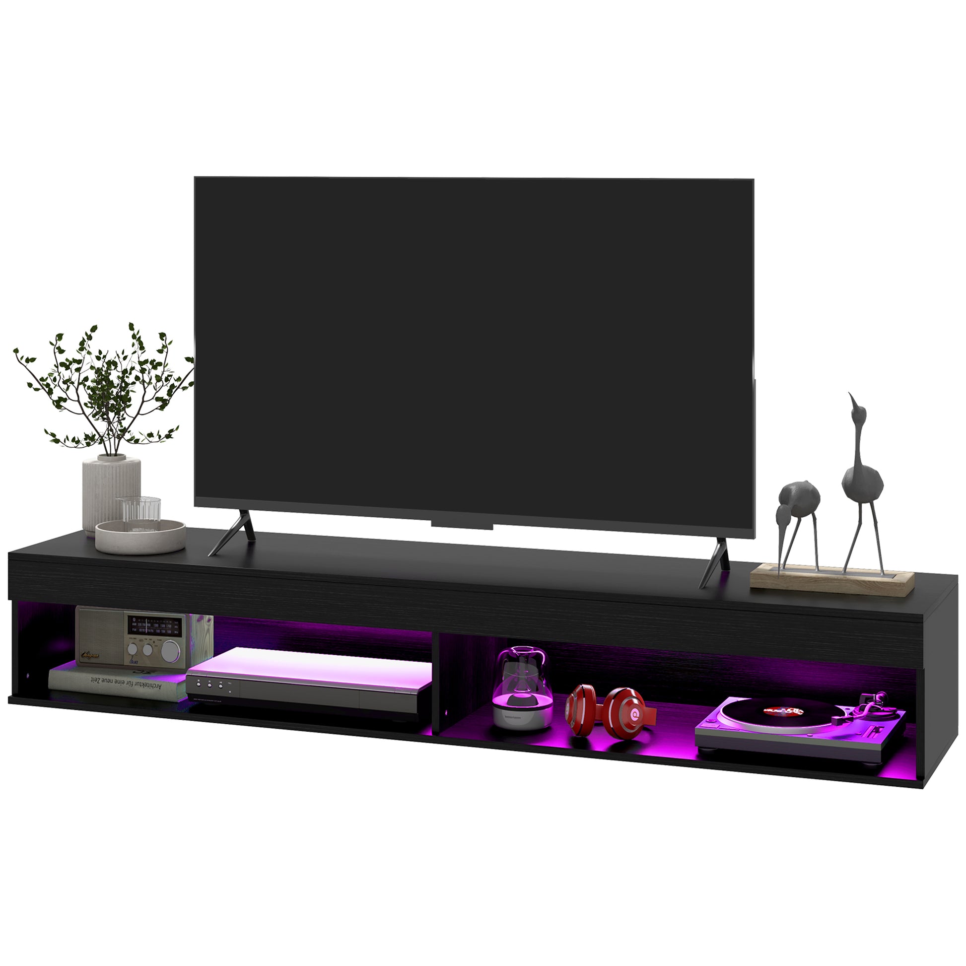 HOMCOM Modern Floating Wall Mounted TV Stand with LED Lights, Storage, Black