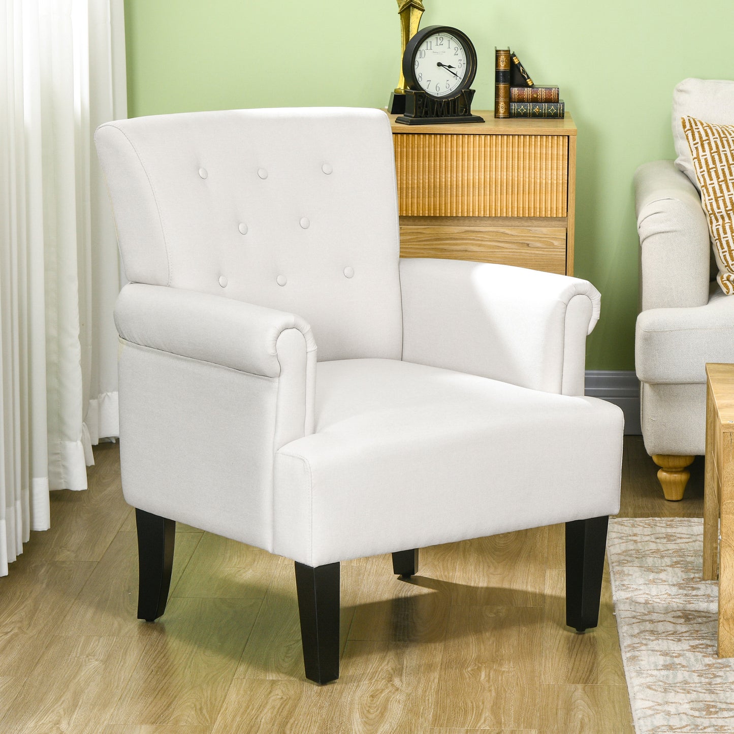 HOMCOM Elegant Cream Fabric Accent Armchair with Rolled Arms Wood Legs