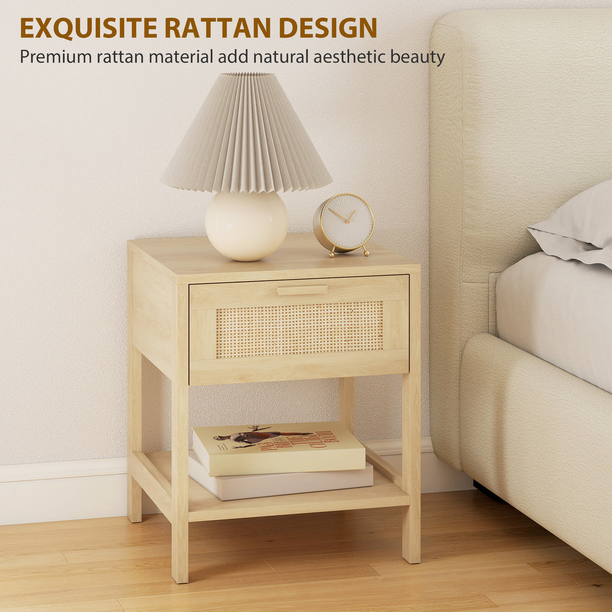 Narrow Rattan Nightstands with Drawer and Shelf, Set of 2 – 16"W x 19"H