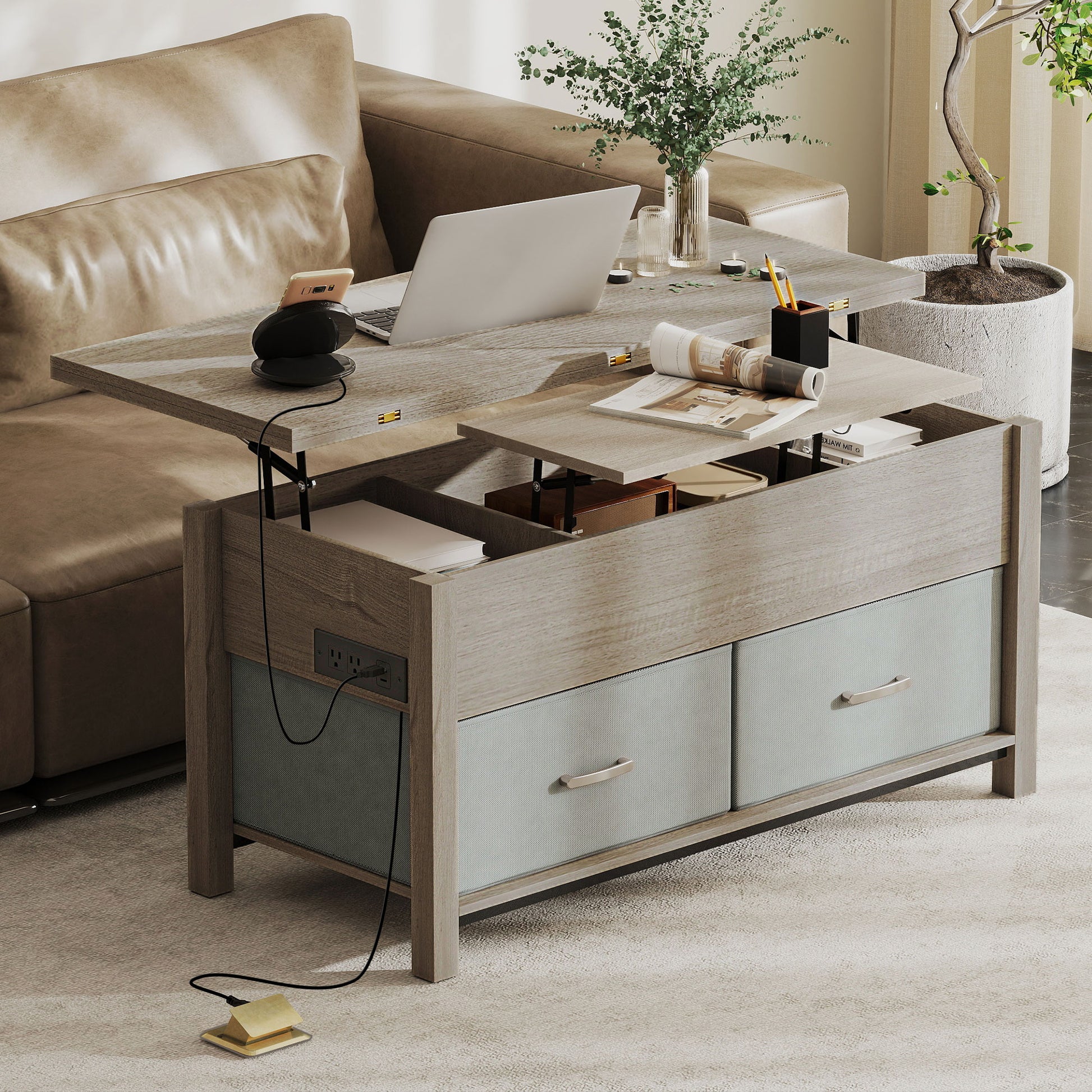 Modern Lift Top Coffee Table with Charging, Hidden Storage & Fabric Drawers
