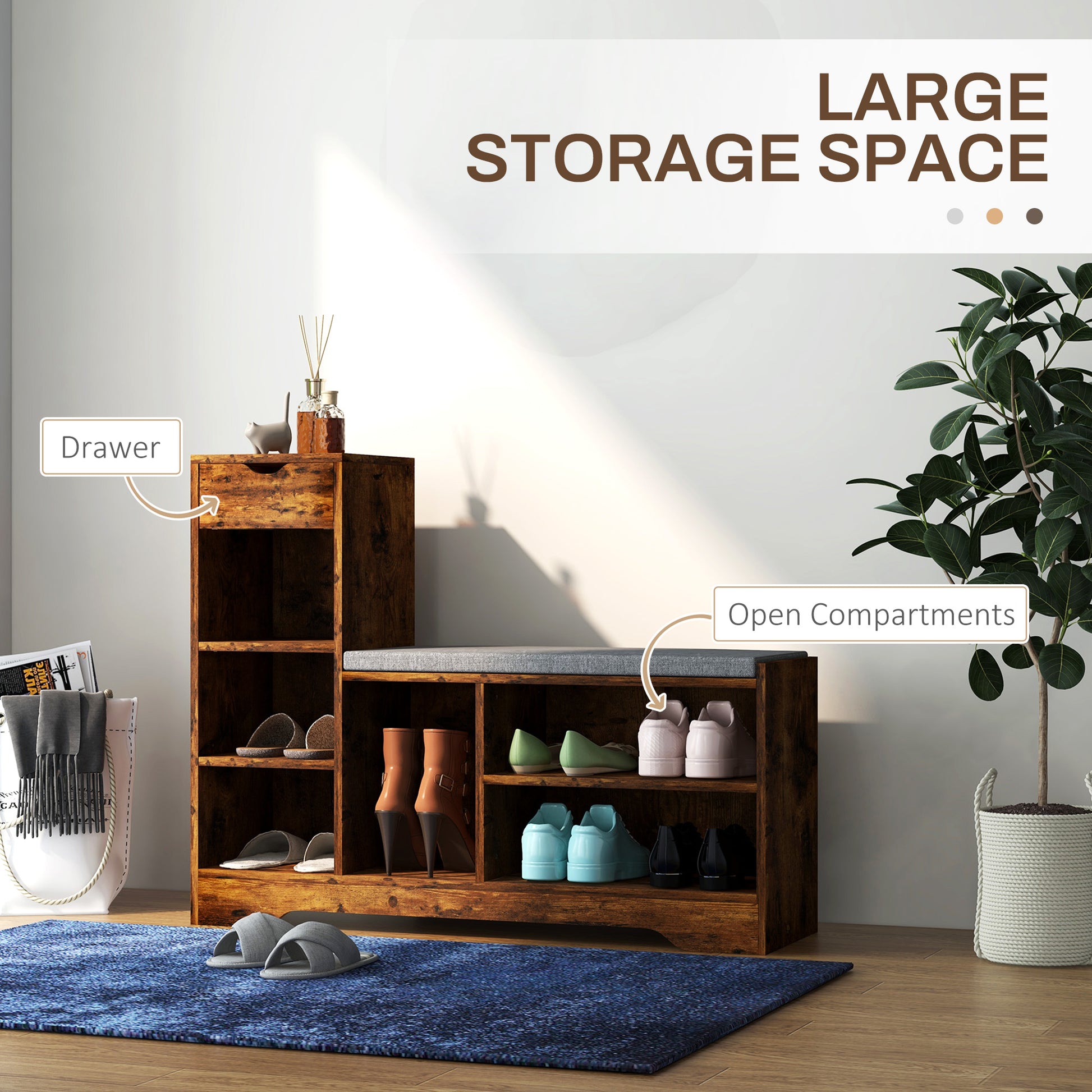 HOMCOM Rustic Brown Upholstered Shoe Storage Bench with Drawer & 6 Shelves