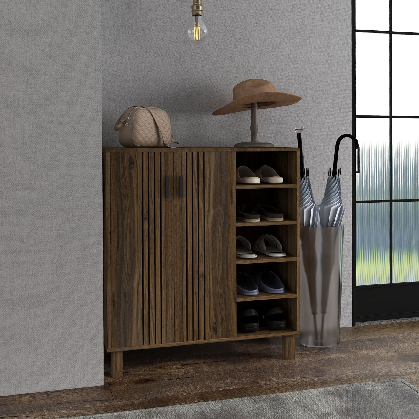 HOMCOM Walnut Shoe Storage Organizer with Double Doors and Open Shelves