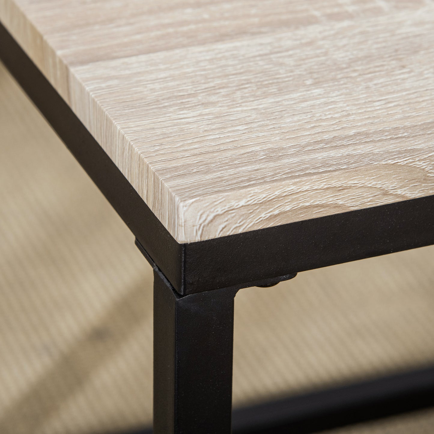 Modern Nesting Coffee Table Set, 3-Piece, Black Metal Frame, Natural Wood Grain