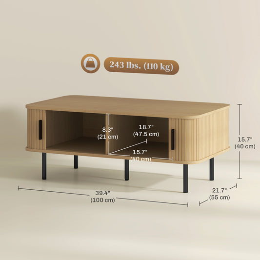 Nordic Coffee Table with Fluted Tambour Sliding Doors, Oak