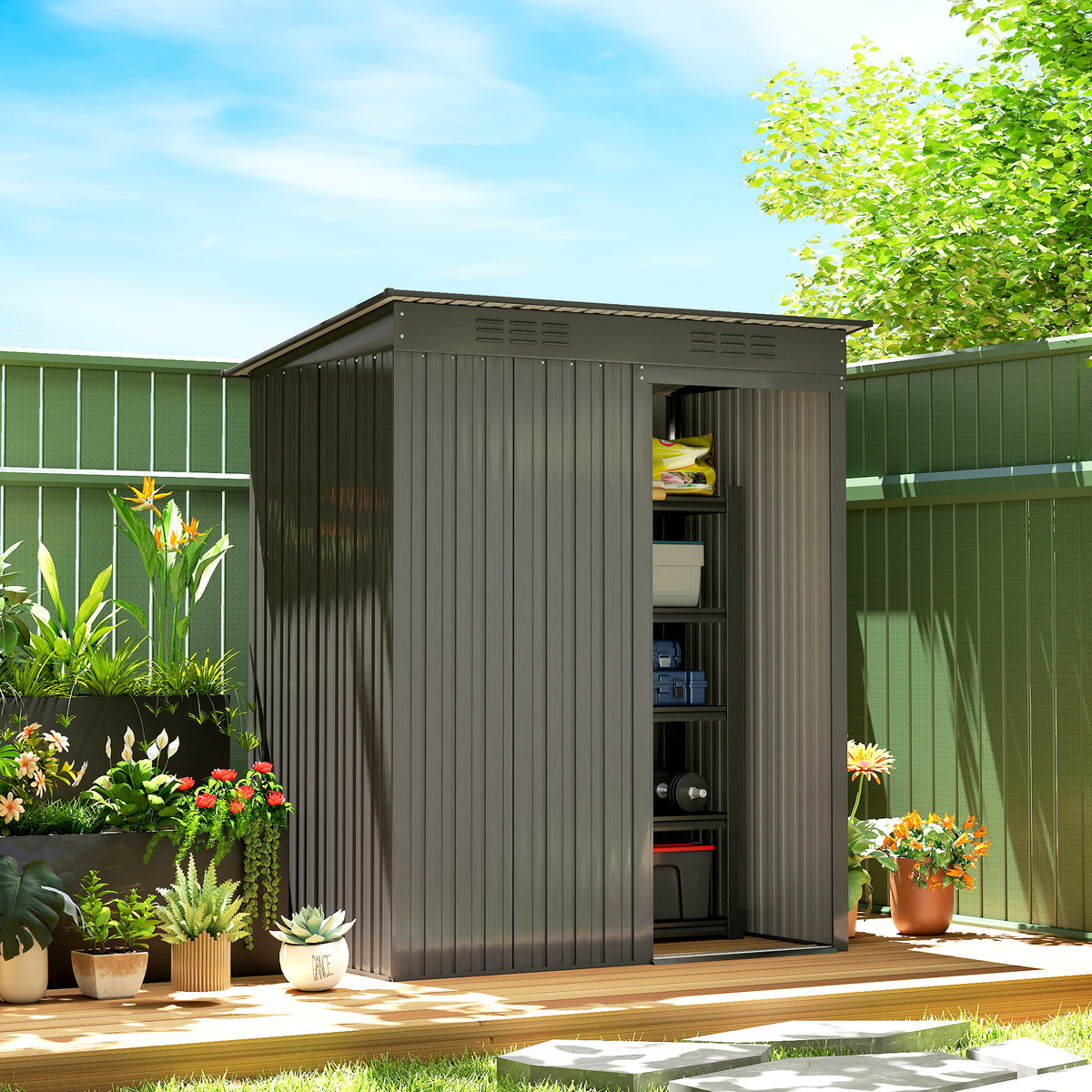 5.2' x 3.5' Outdoor Storage Shed, Easy to Assemble Metal Garden Shed, for Backyard, Lawn, Patio – Dark Grey