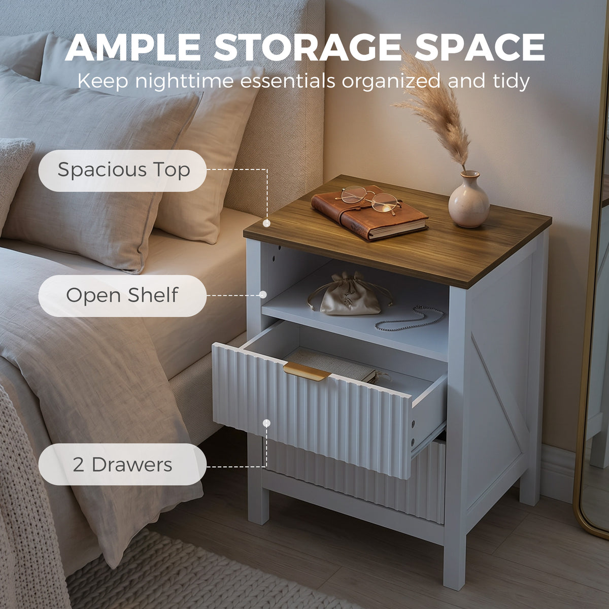 Fluted 2-Drawer Nightstand with Open Shelf – 20"W x 24"H