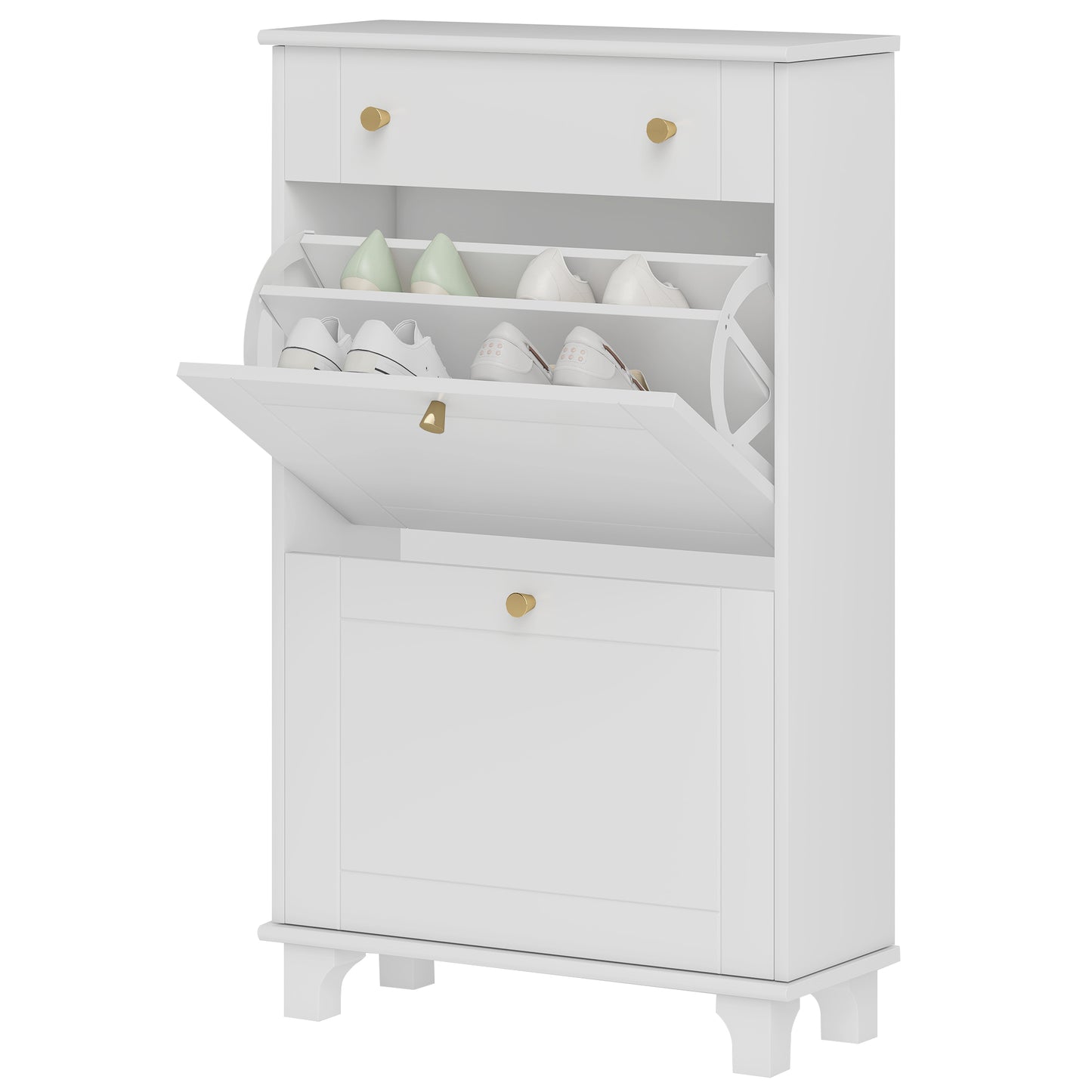 HOMCOM Slim White Shoe Cabinet: Dual Flip Drawers, Adjustable Shelves