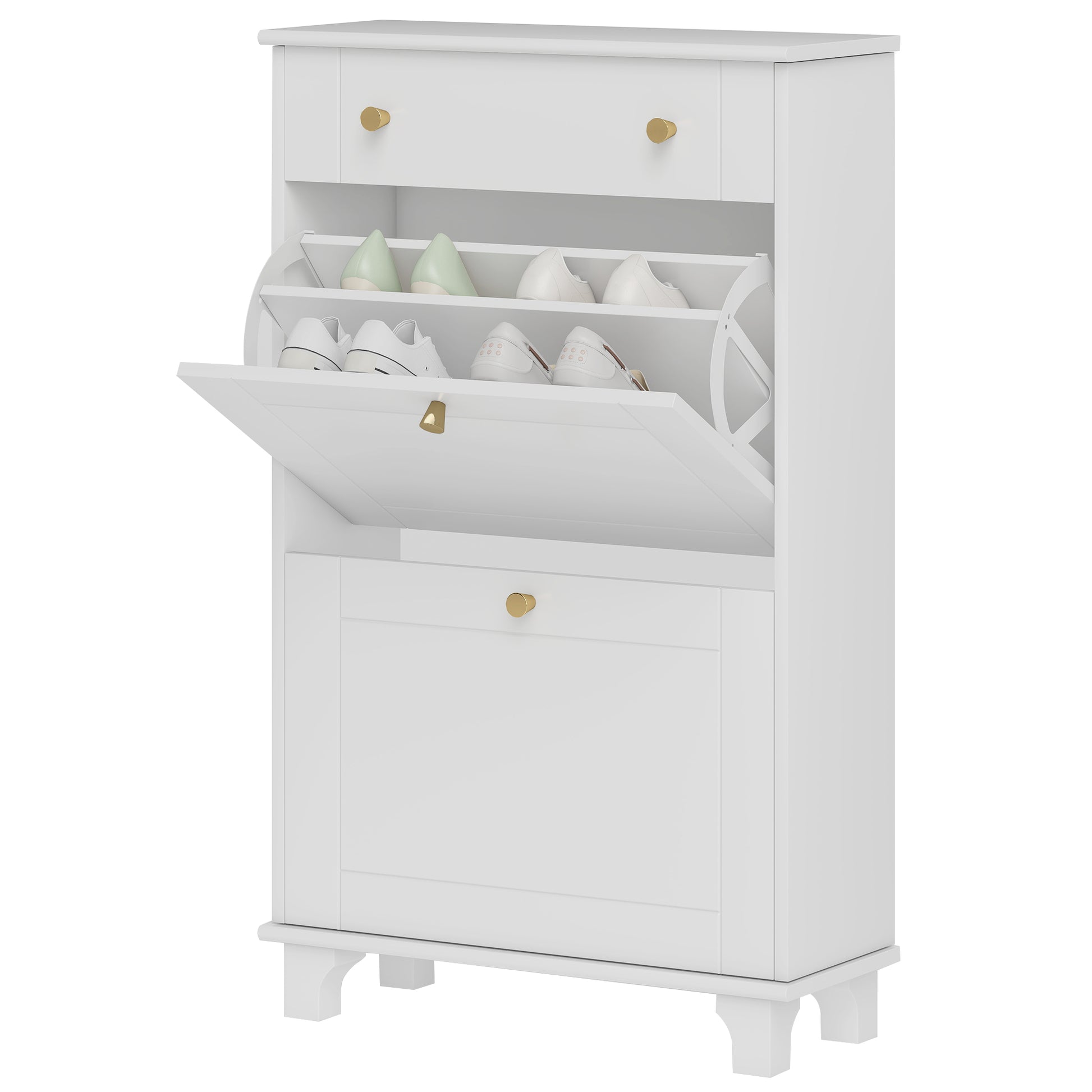 HOMCOM Slim White Shoe Cabinet: Dual Flip Drawers, Adjustable Shelves