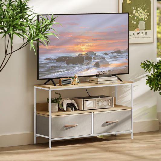 HOMCOM Modern Oak TV Stand, Charging Station, Foldable Drawers, 47-Inch TV