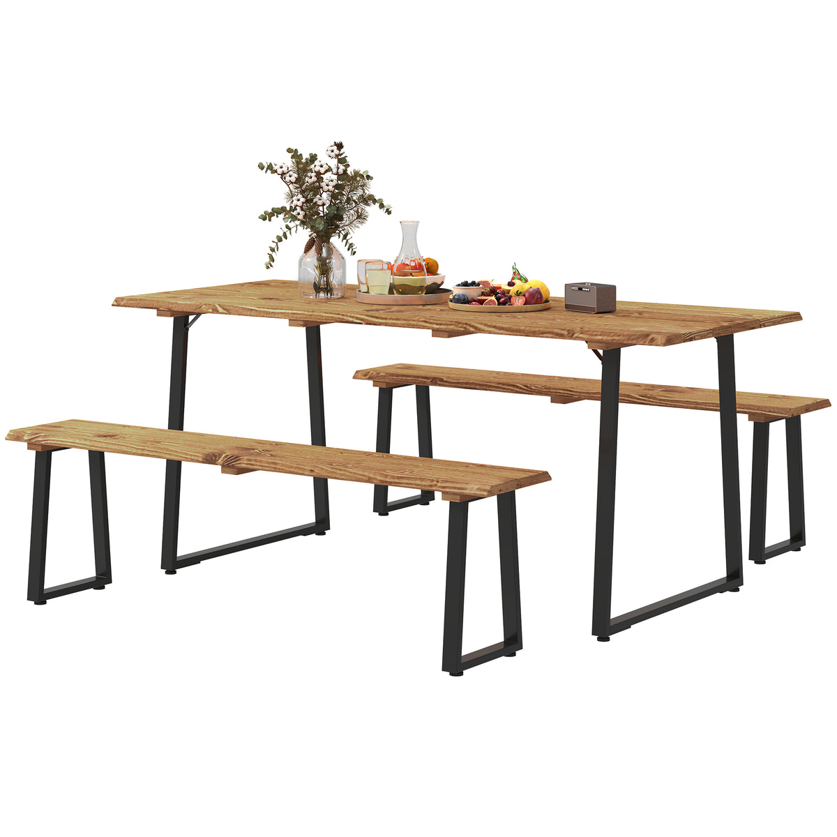 Picnic Table and Bench Set for 6 Persons with 2" Umbrella Hole, Slatted Top & Steel Frame, for Party, BBQ, Patio, Lawn
