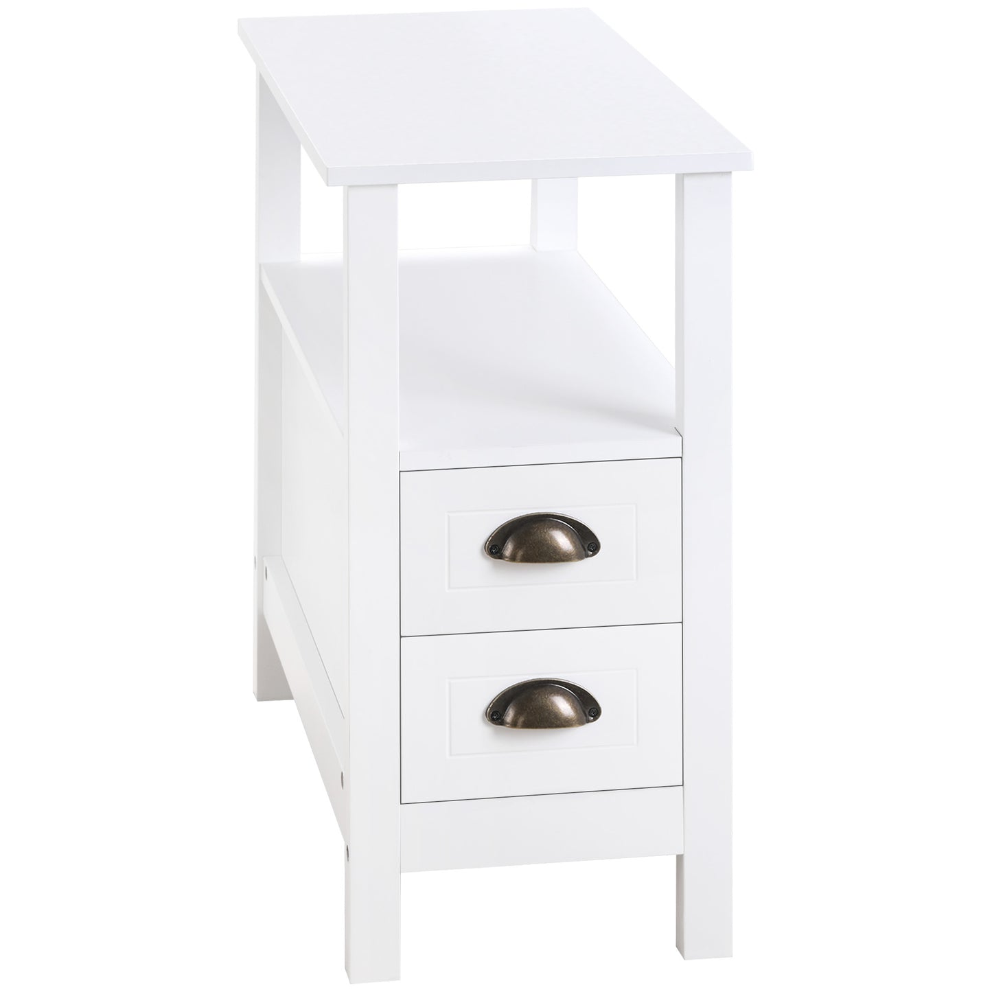 HOMCOM Modern Slim White End Table with 2 Drawers and Storage Shelf