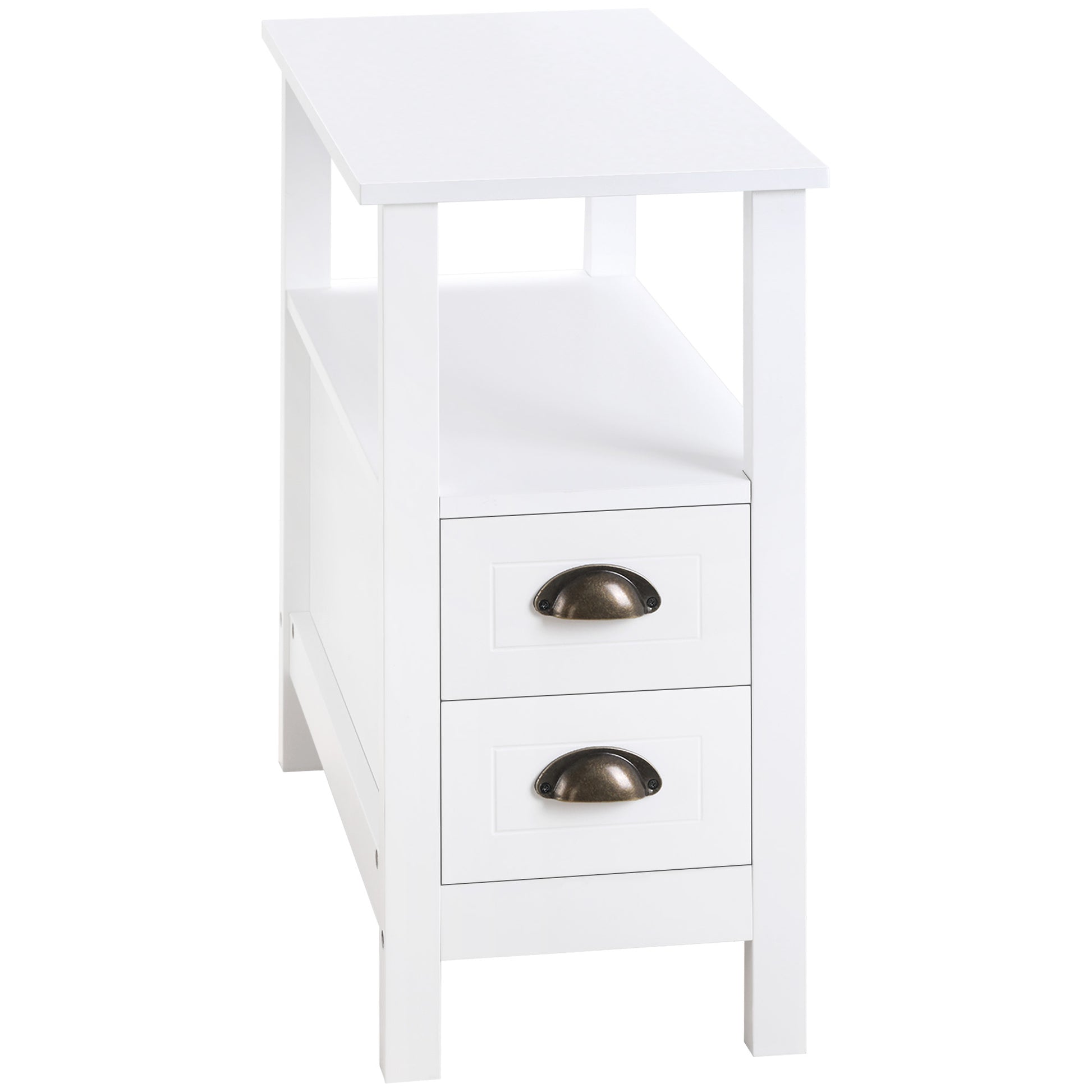 HOMCOM Modern Slim White End Table with 2 Drawers and Storage Shelf