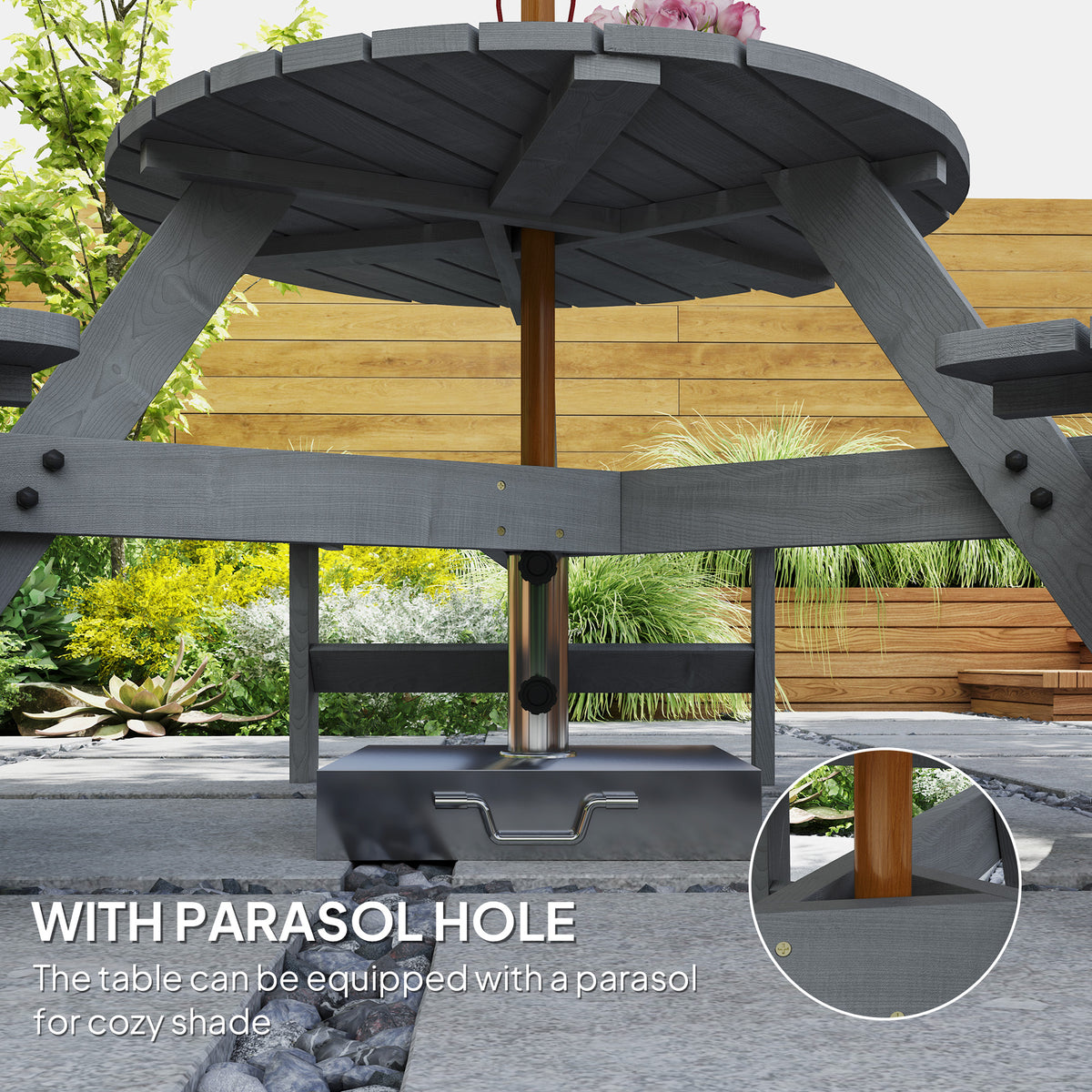 6 Person Round Picnic Table Bench Set with Umbrella Hole, Wood Patio Table with 3 Built-in Benches for Garden, Deck, Backyard – Grey
