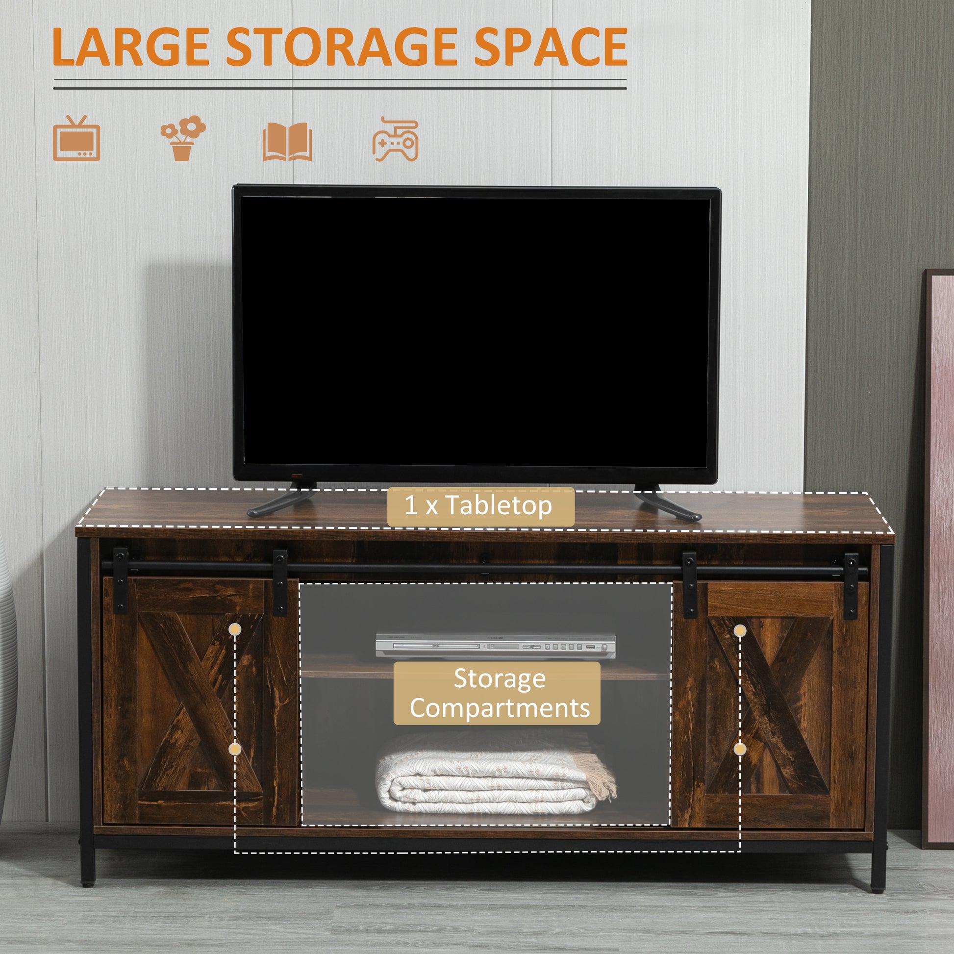 HOMCOM Industrial TV Stand for 60-inch TVs, Sliding Barn Doors & Storage, Brown