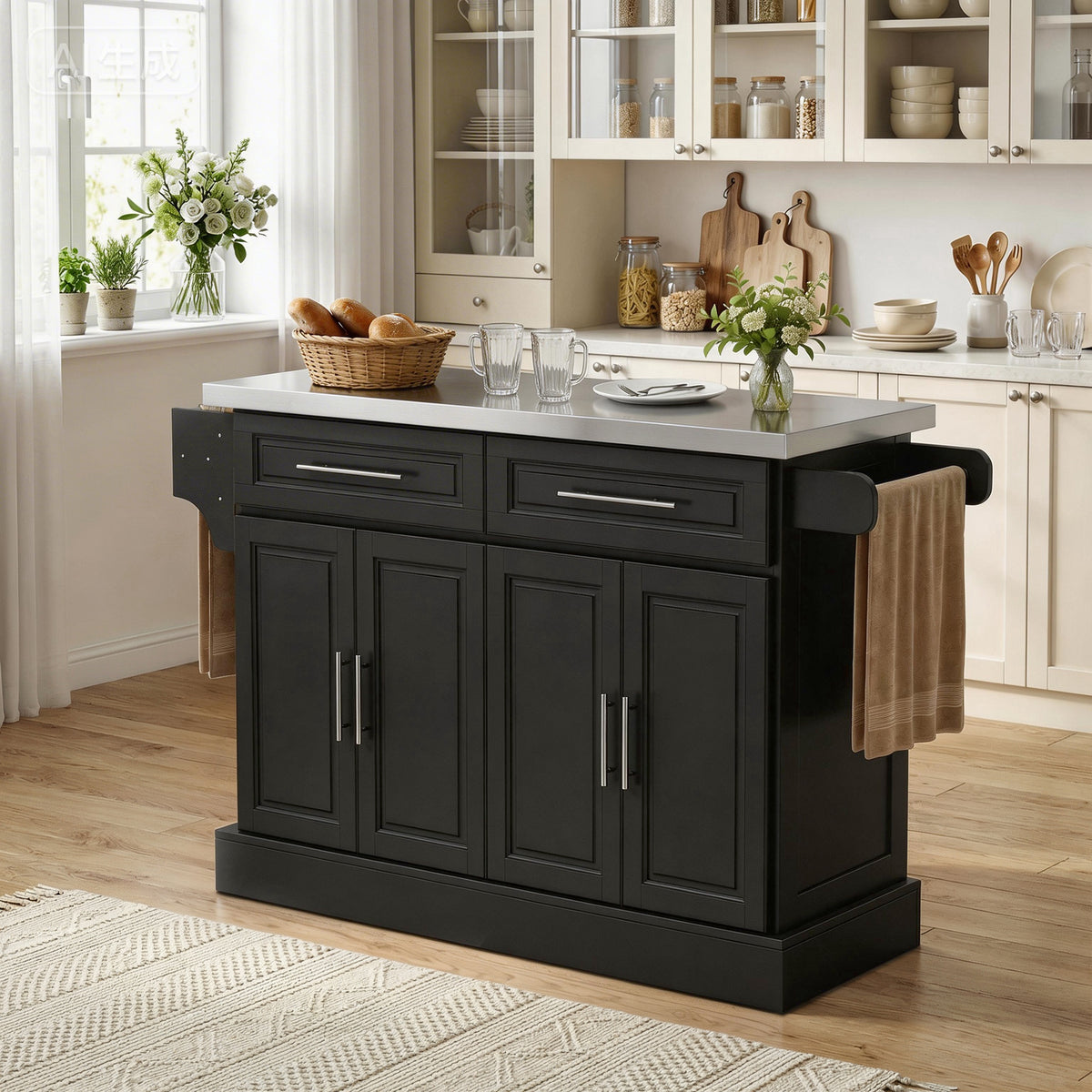 Rolling Kitchen Island with Stainless Steel Top – 57"W x 37"H