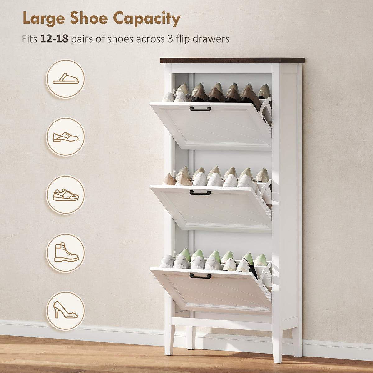 Shoe Cabinet with 3 Flip Drawers – 24"W x 53"H