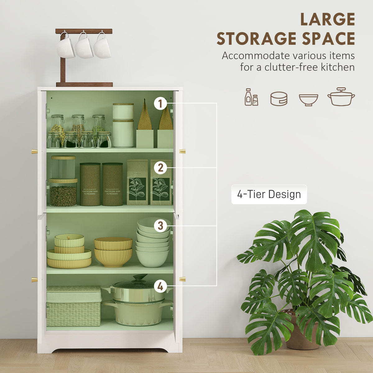 Kitchen Pantry Cabinet with 4 Arched Doors and 2 Adjustable Shelves – 24"W x 43"H