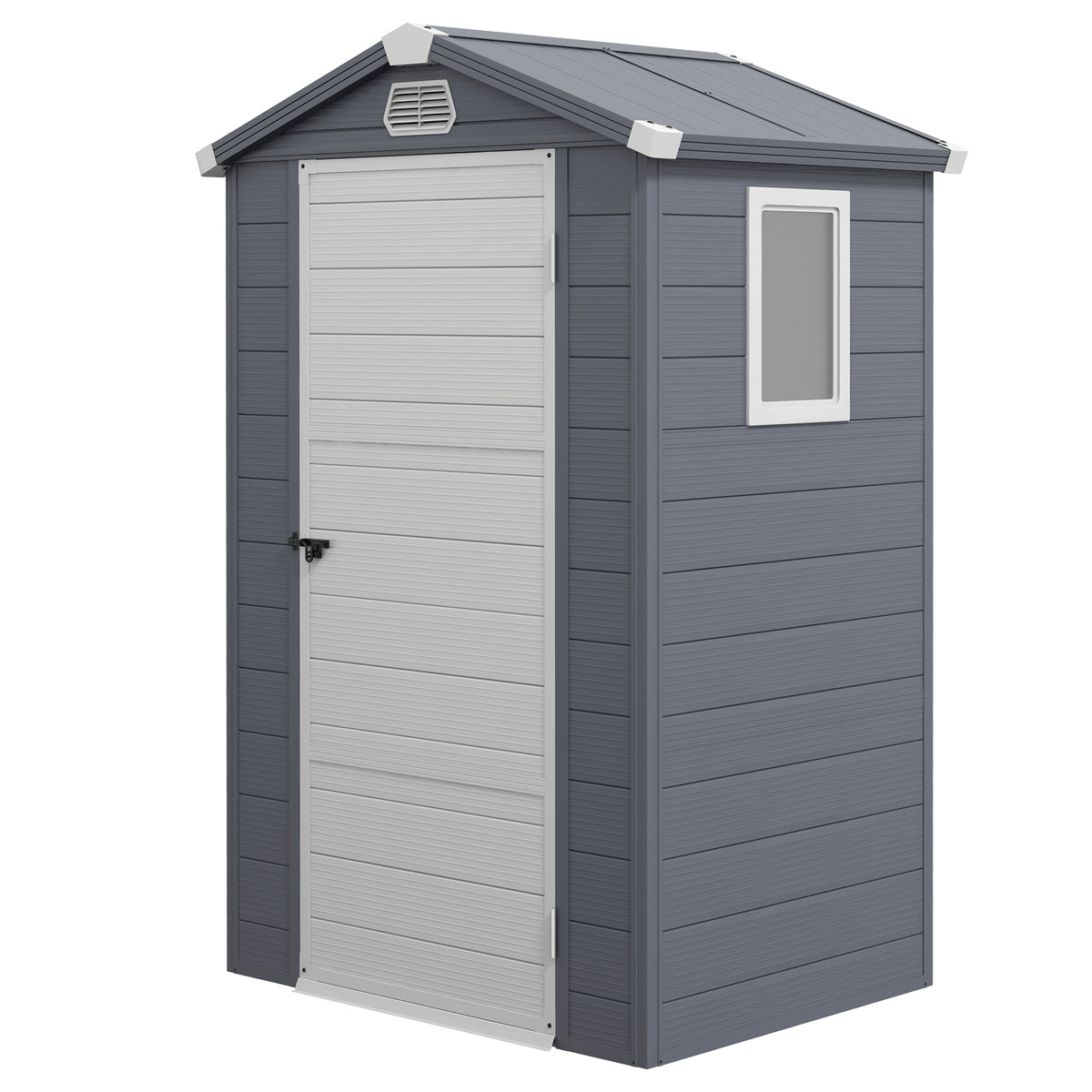 4.4' x 3.3' Plastic Garden Storage Shed with Latch Door, Vents, Sloped Roof