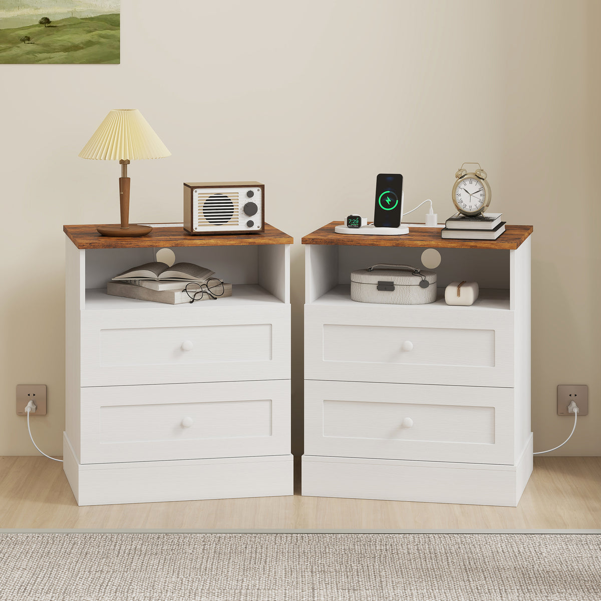 Nightstands with Charging Station and 2 Drawers, Set of 2 – 20"W x 24"H