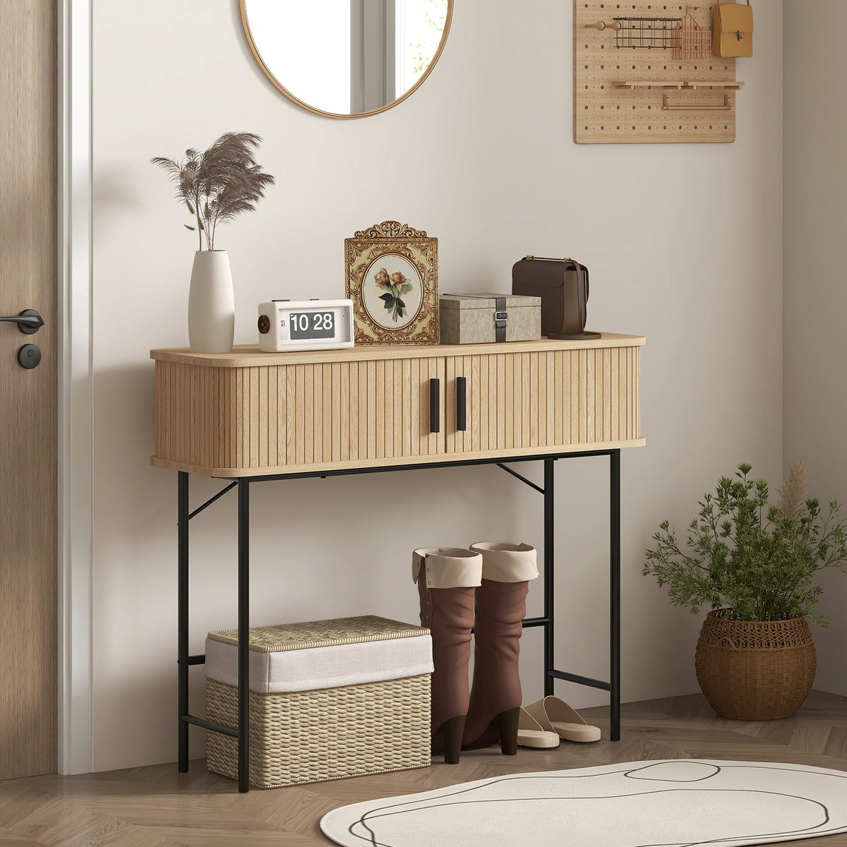 Mid-Century Entryway Console Table with Storage Compartments, Oak