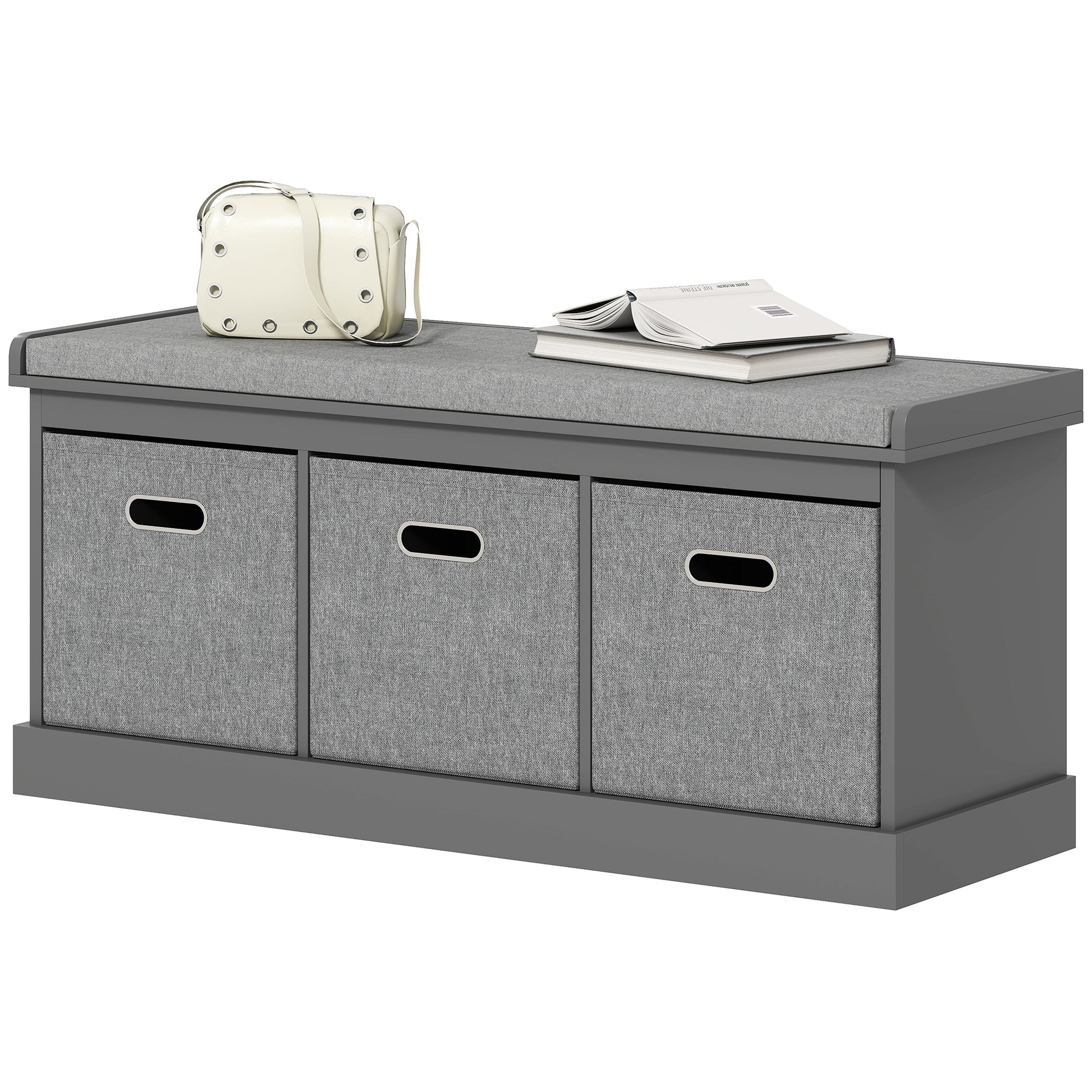 HOMCOM Dark Grey Entryway Shoe Storage Bench, Cushioned Seat, 3 Fabric Drawers