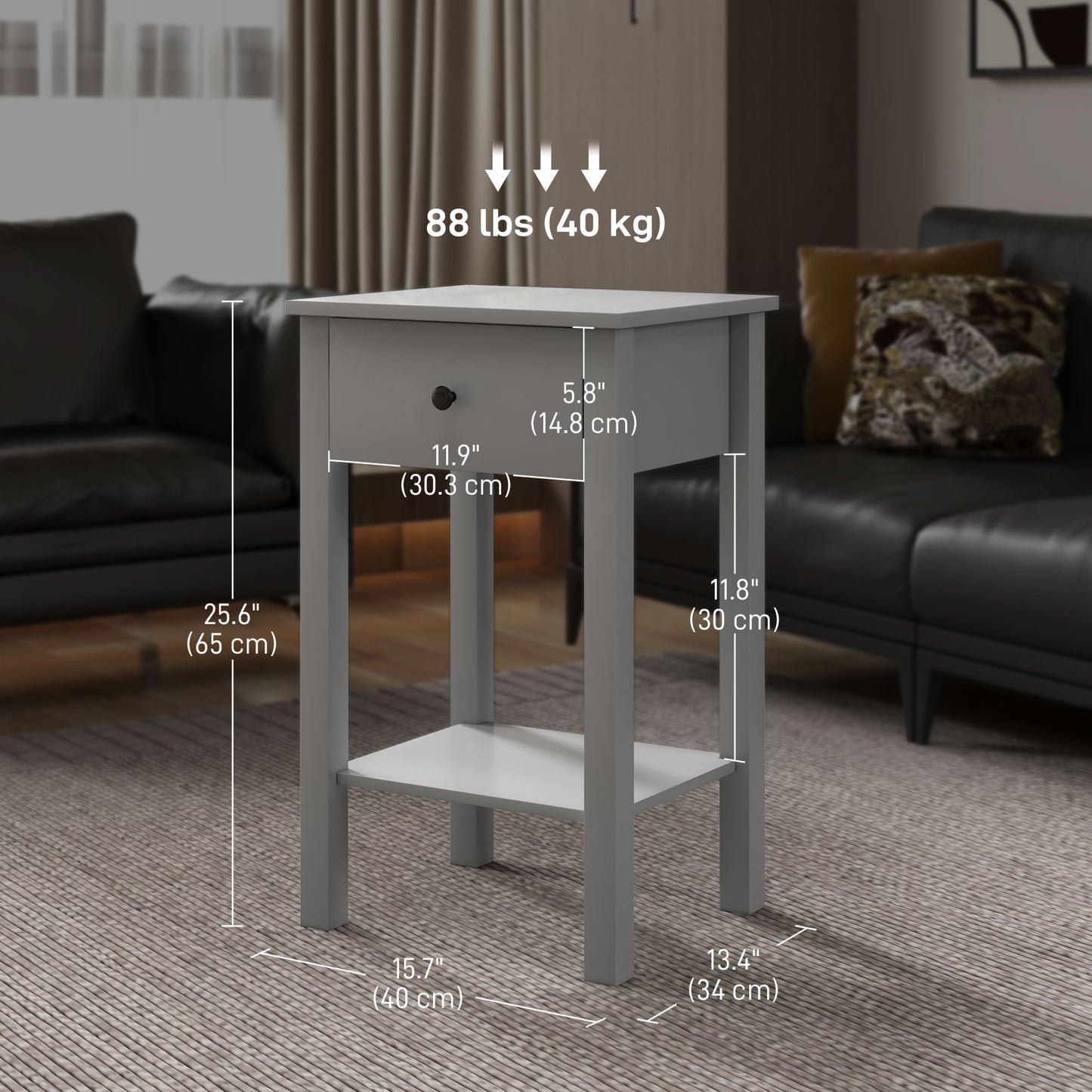 HOMCOM Grey 2-Piece End Tables with Drawer and Bottom Shelf