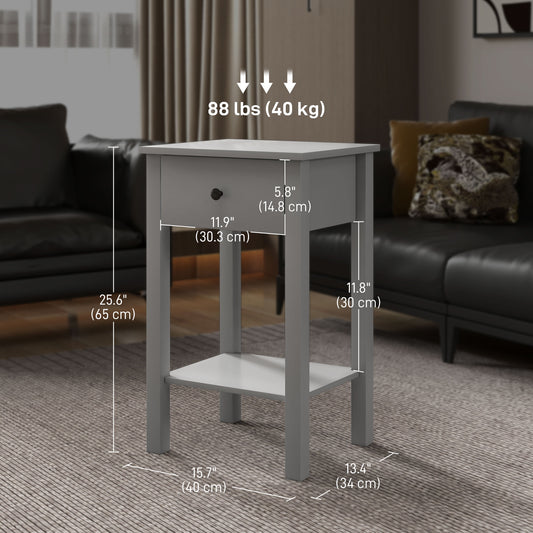 HOMCOM Grey 2-Piece End Tables with Drawer and Bottom Shelf