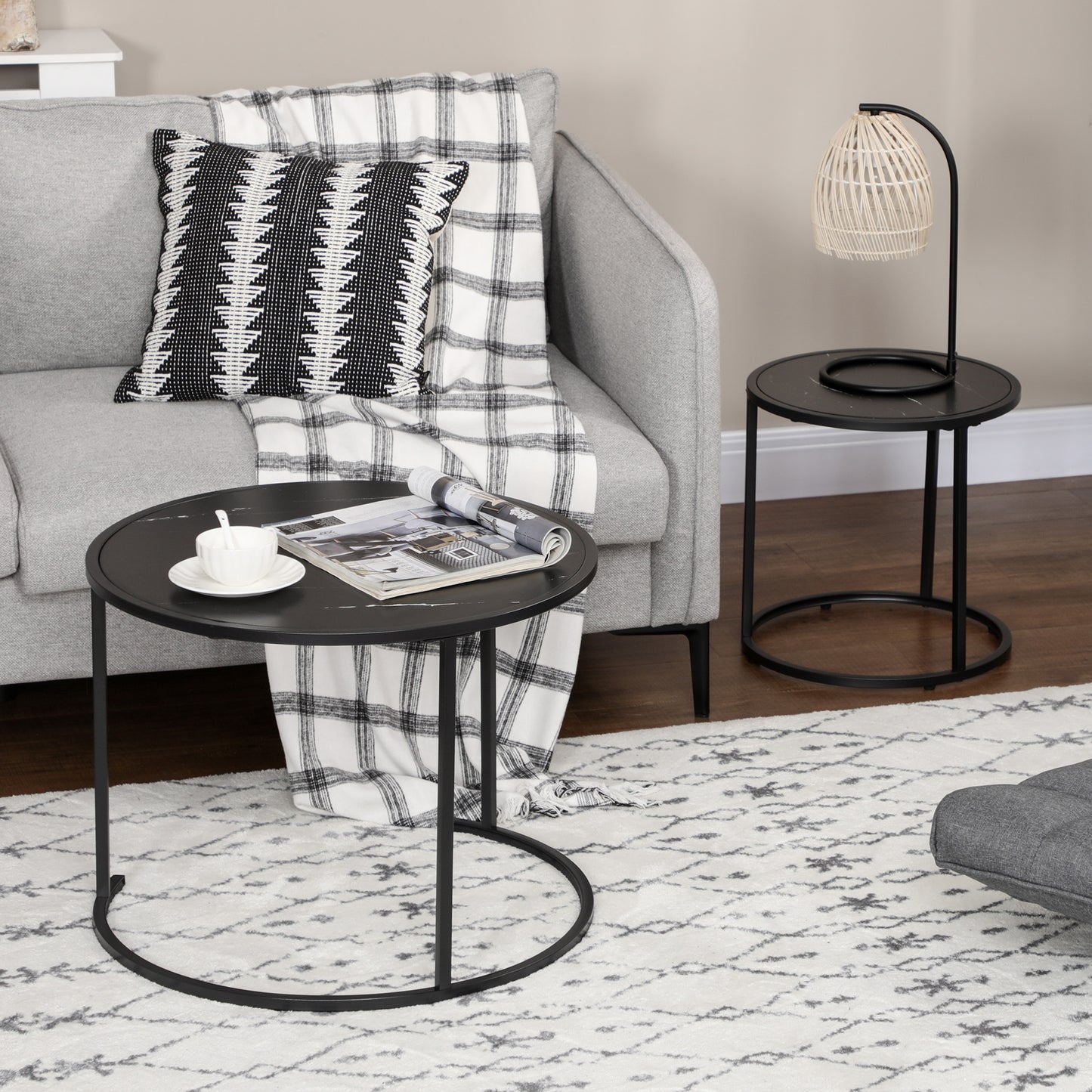 Modern Round Nesting Coffee Table Set, Faux Marble Top, Metal Frame, 2-Piece