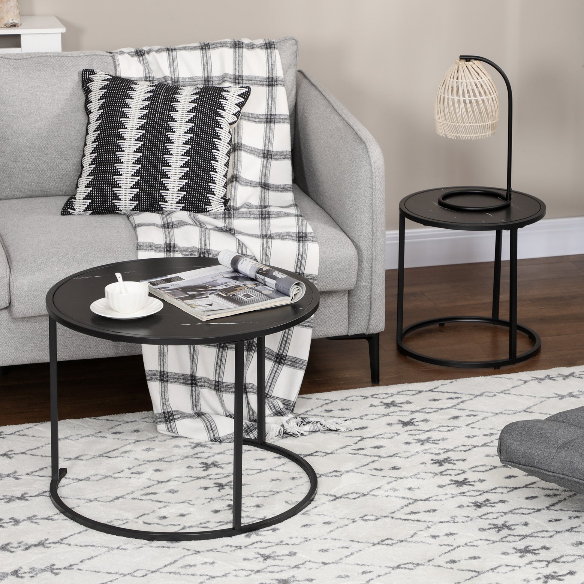 Modern Round Nesting Coffee Table Set, Faux Marble Top, Metal Frame, 2-Piece